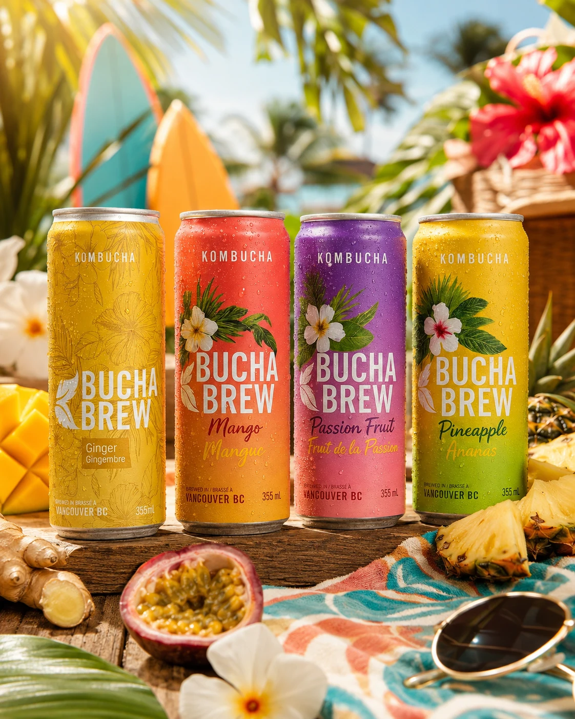 Bucha Brew Ginger, Mango, Passion Fruit and Pineapple cans in a sunny tropical setting